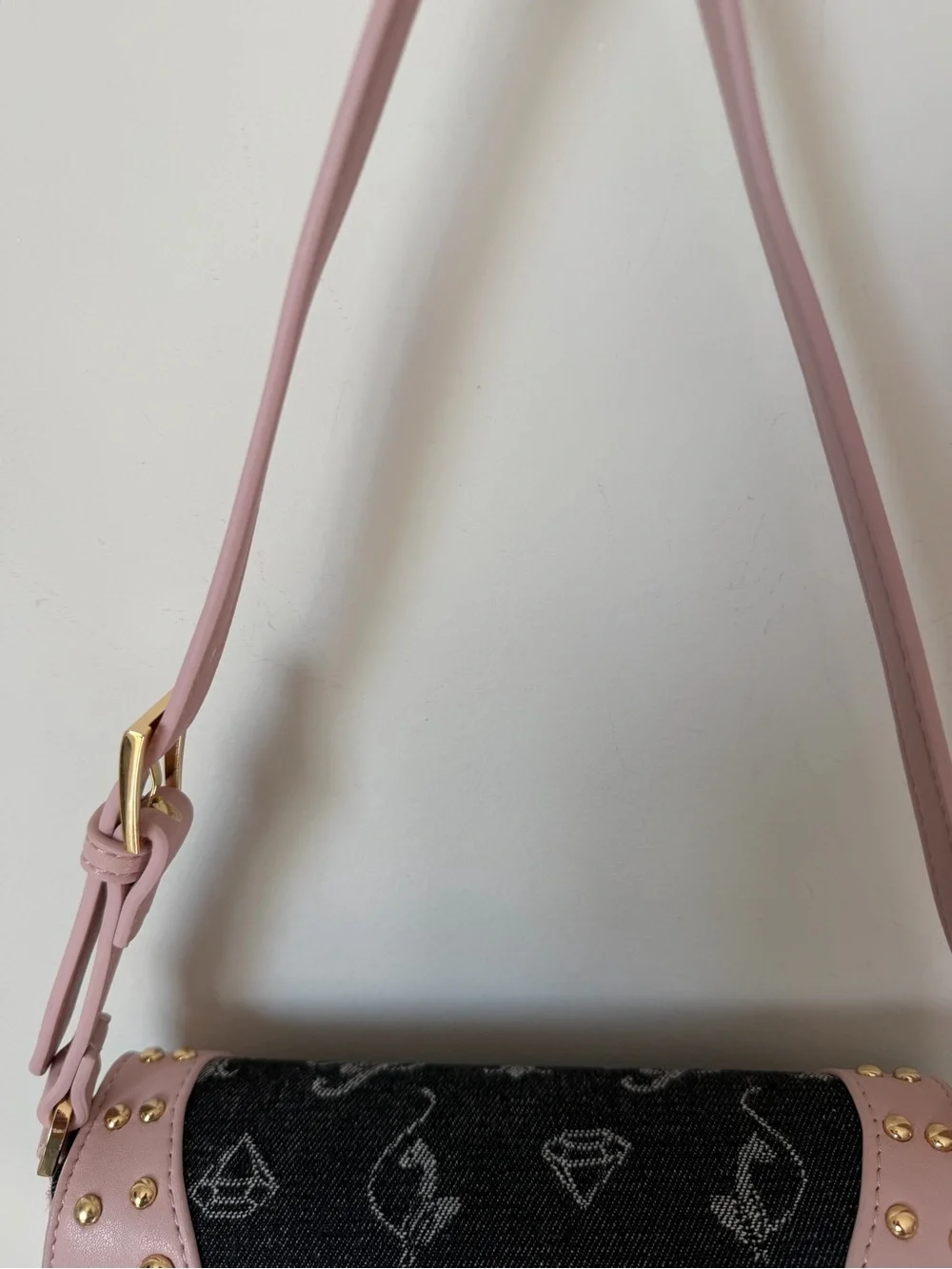 Baby Phat Pink and Black denim monogram Studded Shoulder Bag